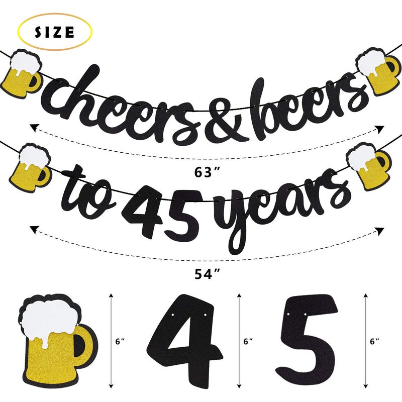 Joymee 45 Birthday Decorations for Men Women - Cheers to 45 Years Banner Pre-Strung, Glitter 45th Birthday Decorations Party Supplies (Black Gold) - Image 3